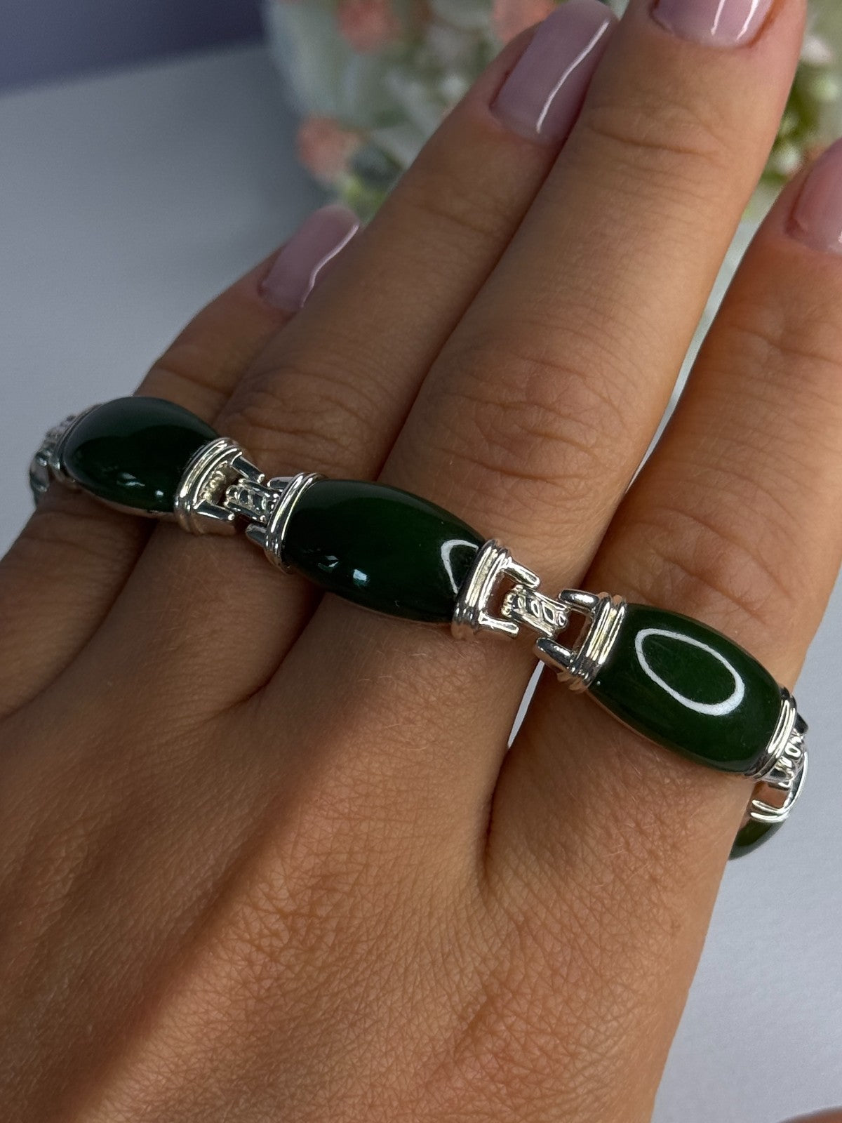 925 Sterling Silver Green Nephrite Bracelet Length 7.5