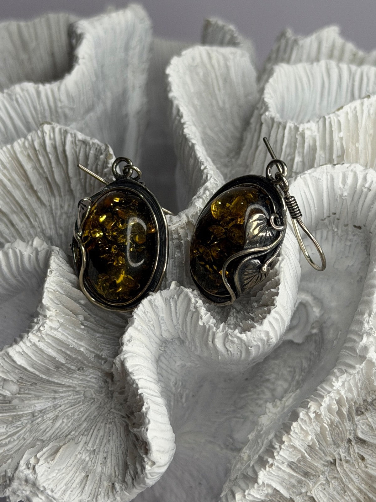 Vintage 925 Sterling Silver Amber Earrings
