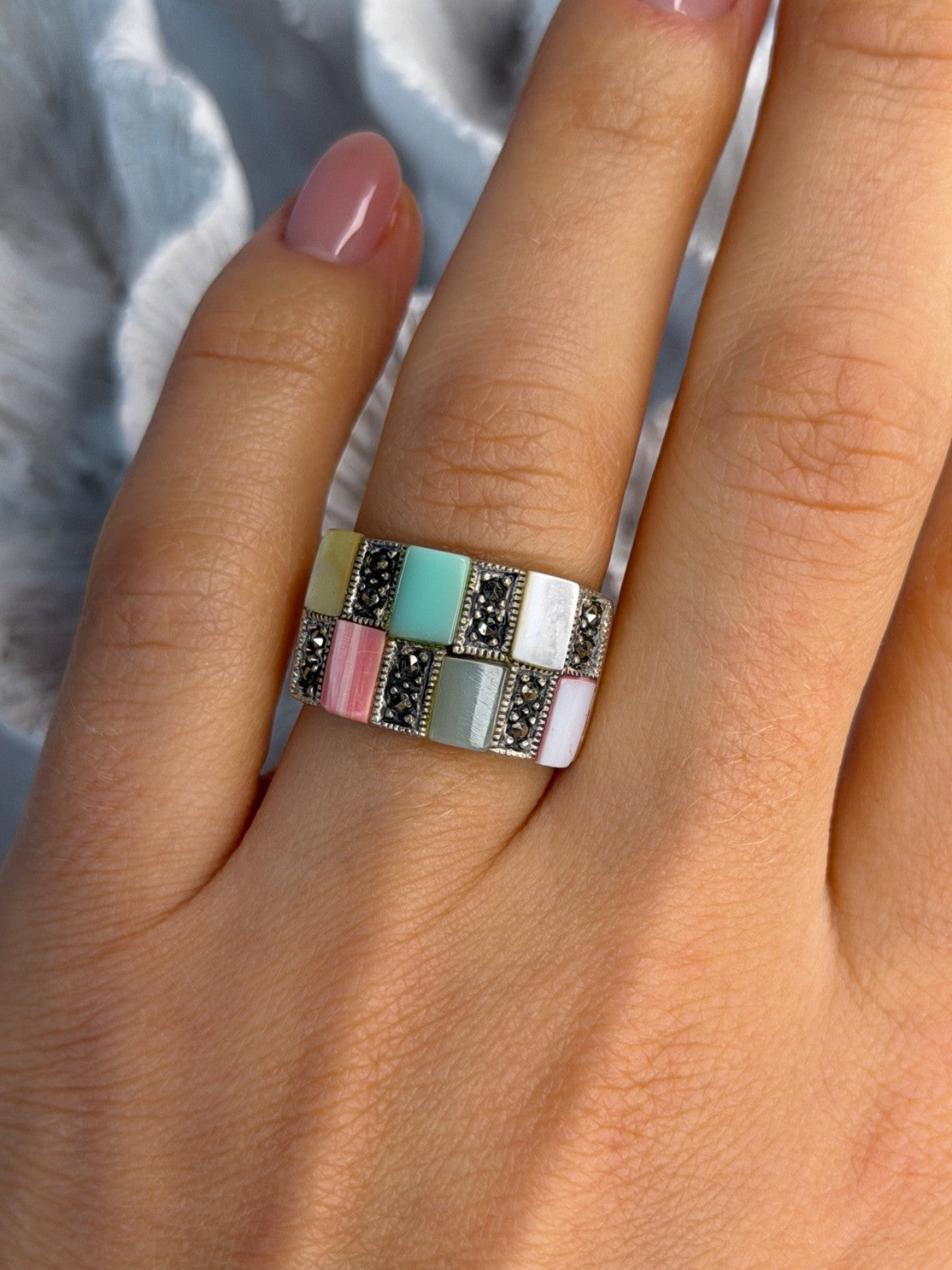 925 Sterling Silver Abalone & Agate & Marcasite Ring Size 6.5