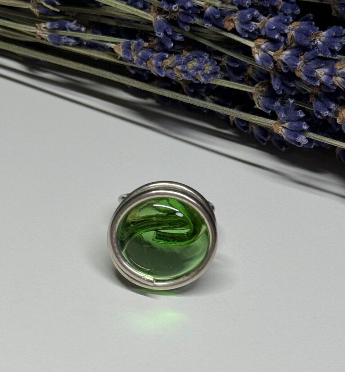 Modern Art Design Green CZ Ring Size 6