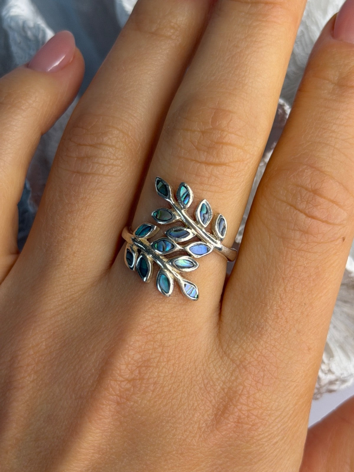 925 Sterling Silver Leaf Abalone Ring Size 8.5