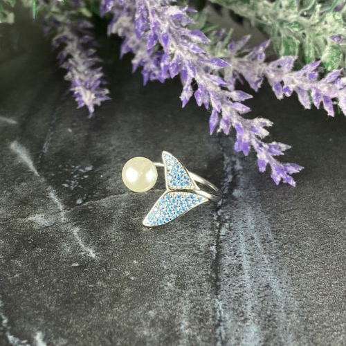 925 Sterling Silver Pearl & Aquamarines Ring Size 6.5 (Adjustable)