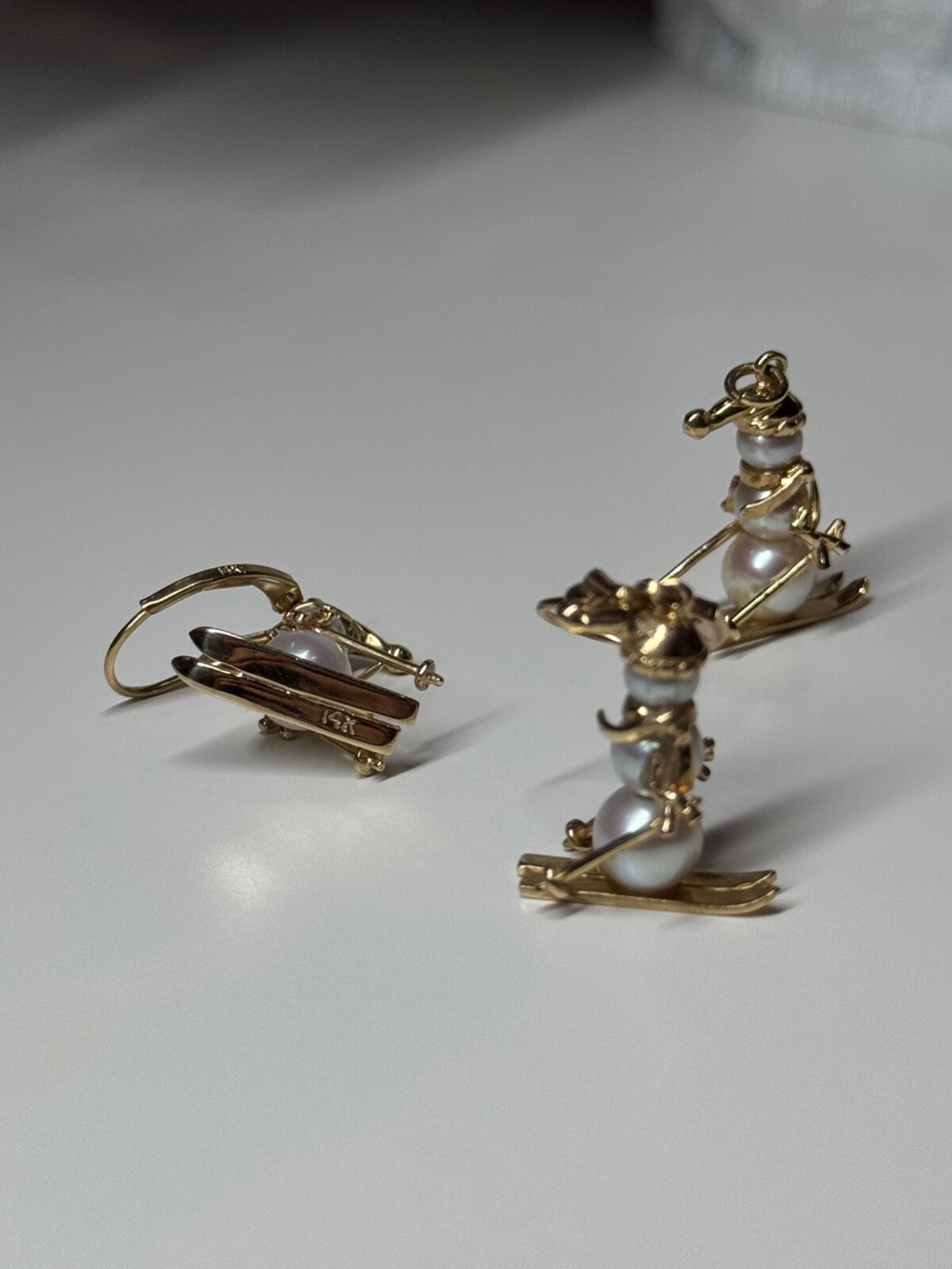 14K Yellow Gold Pearls Earrings & Pendant Skiing Snowmens ON Skis
