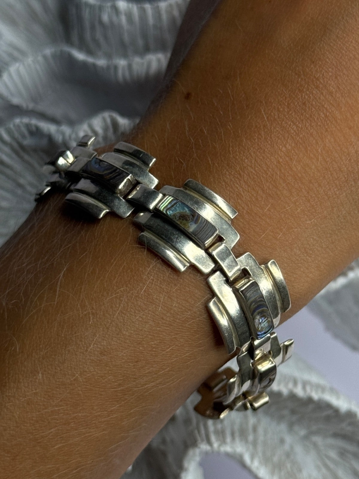 Vintage 925 Sterling Silver Abalone Bracelet Length 7