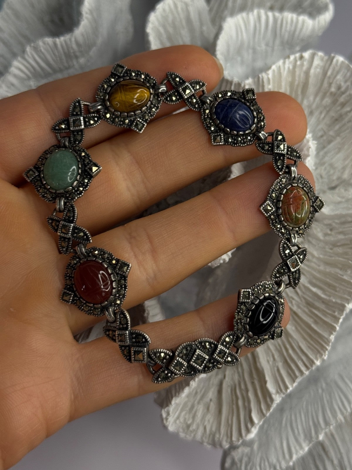Vintage 925 Sterling Silver Multi Color Stones Bracelet Lenght 8