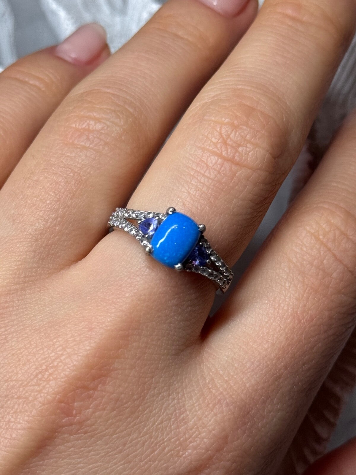 925 Sterling Silver Blue Agate, Tanzanite & Beryl Ring Size 7.5