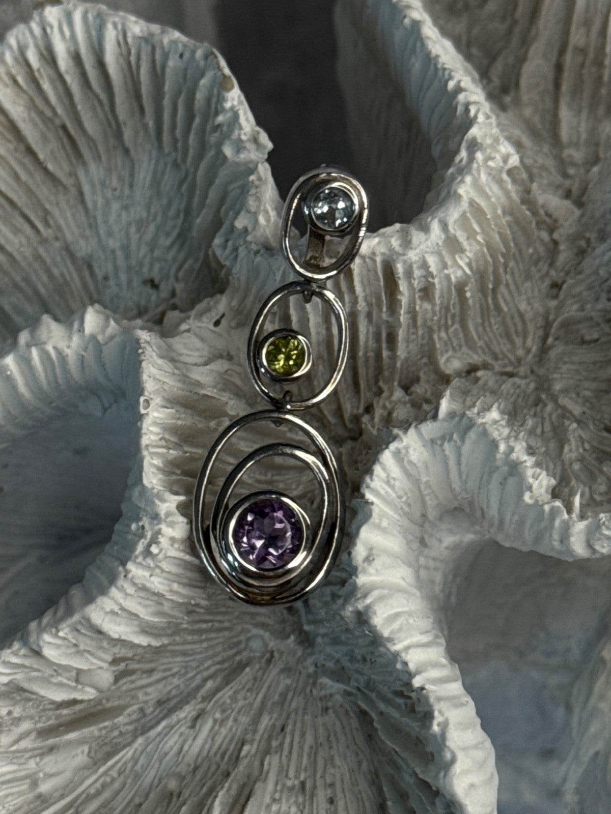 925 Sterling Silver Amethyst & Peridot & Topaz Pendant Length 1.30 Inch