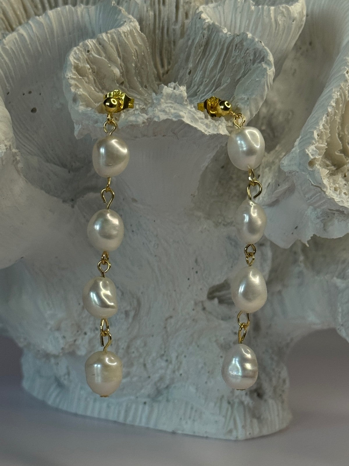 925 Sterling Silver Gold Plated Pearl Earrings Length 2.30 Inch