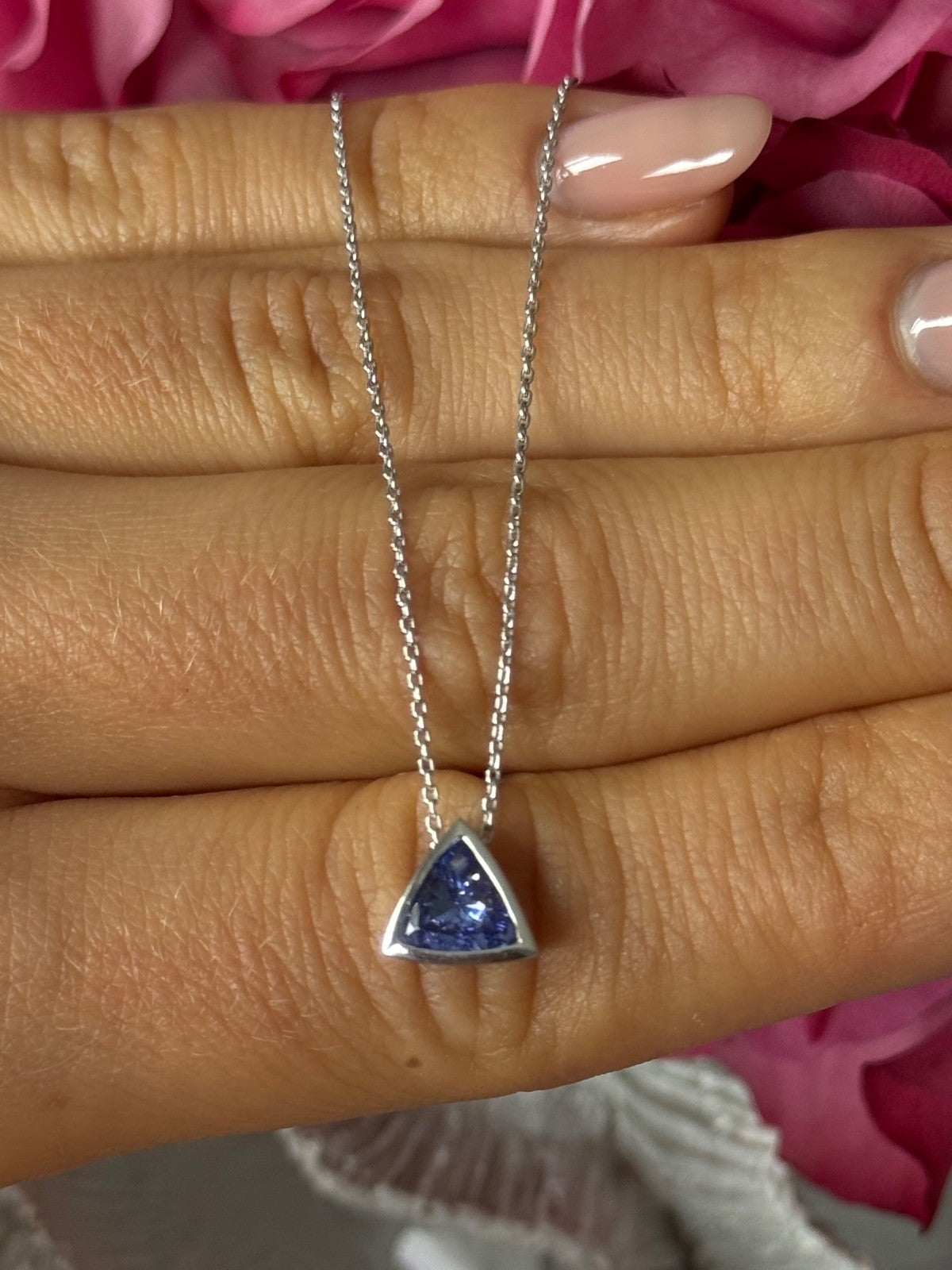 14K White Gold Tanzanite Trillion Necklace Length 18 inch