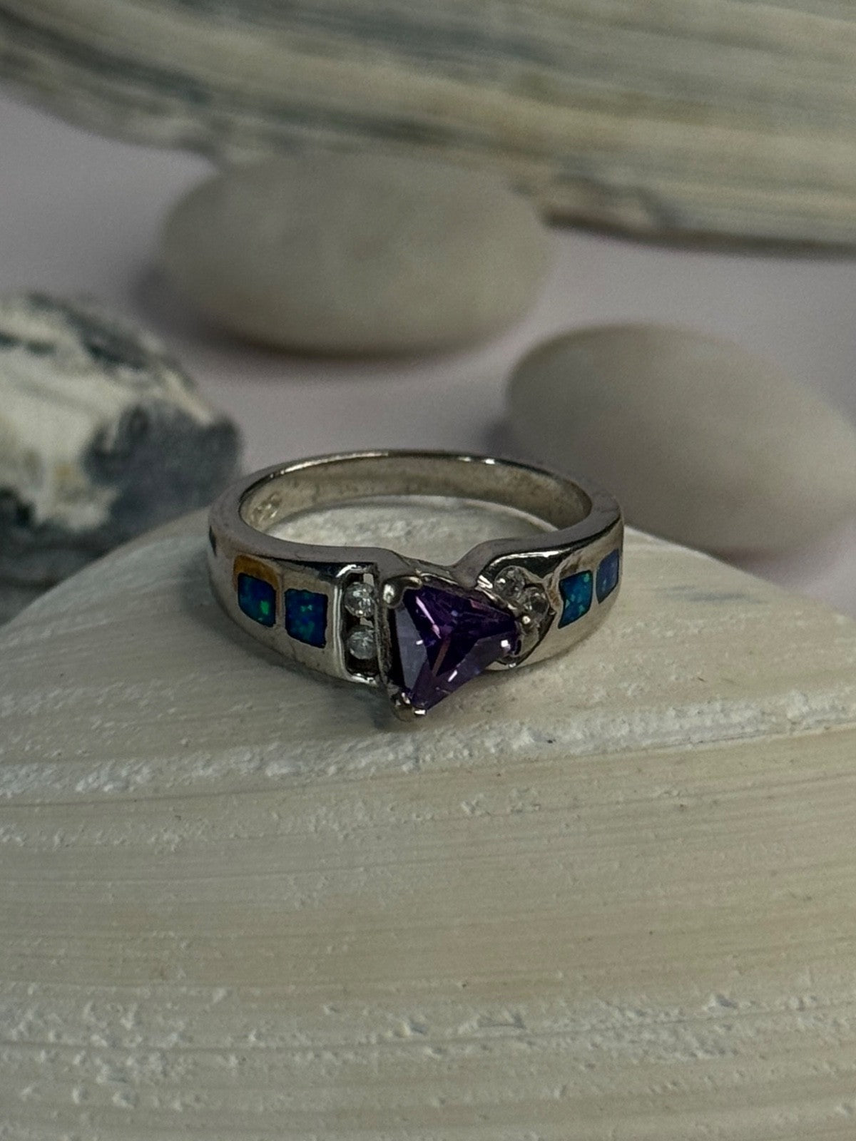 925 Sterling Silver Amethyst & Beryl & Opal Ring Size 6.5