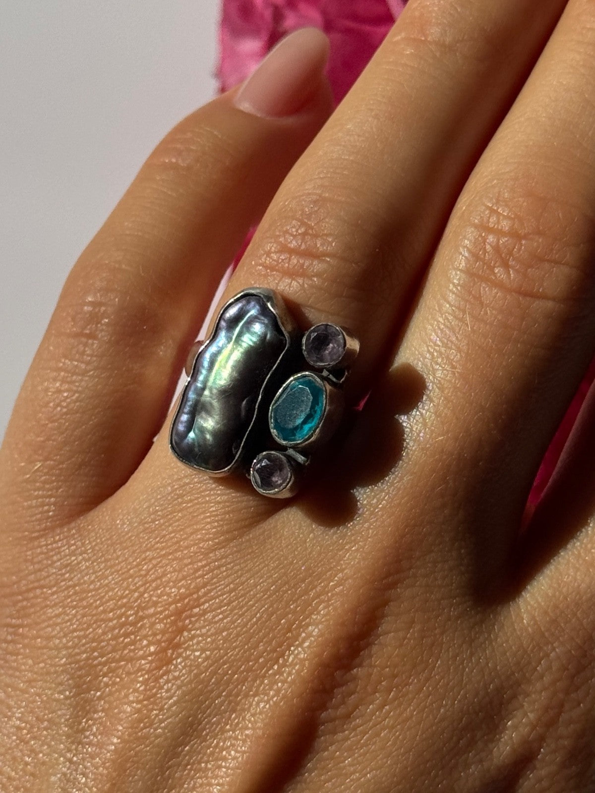 925 Sterling Silver Abalone Amethyst Aquamarine Ring Size 6