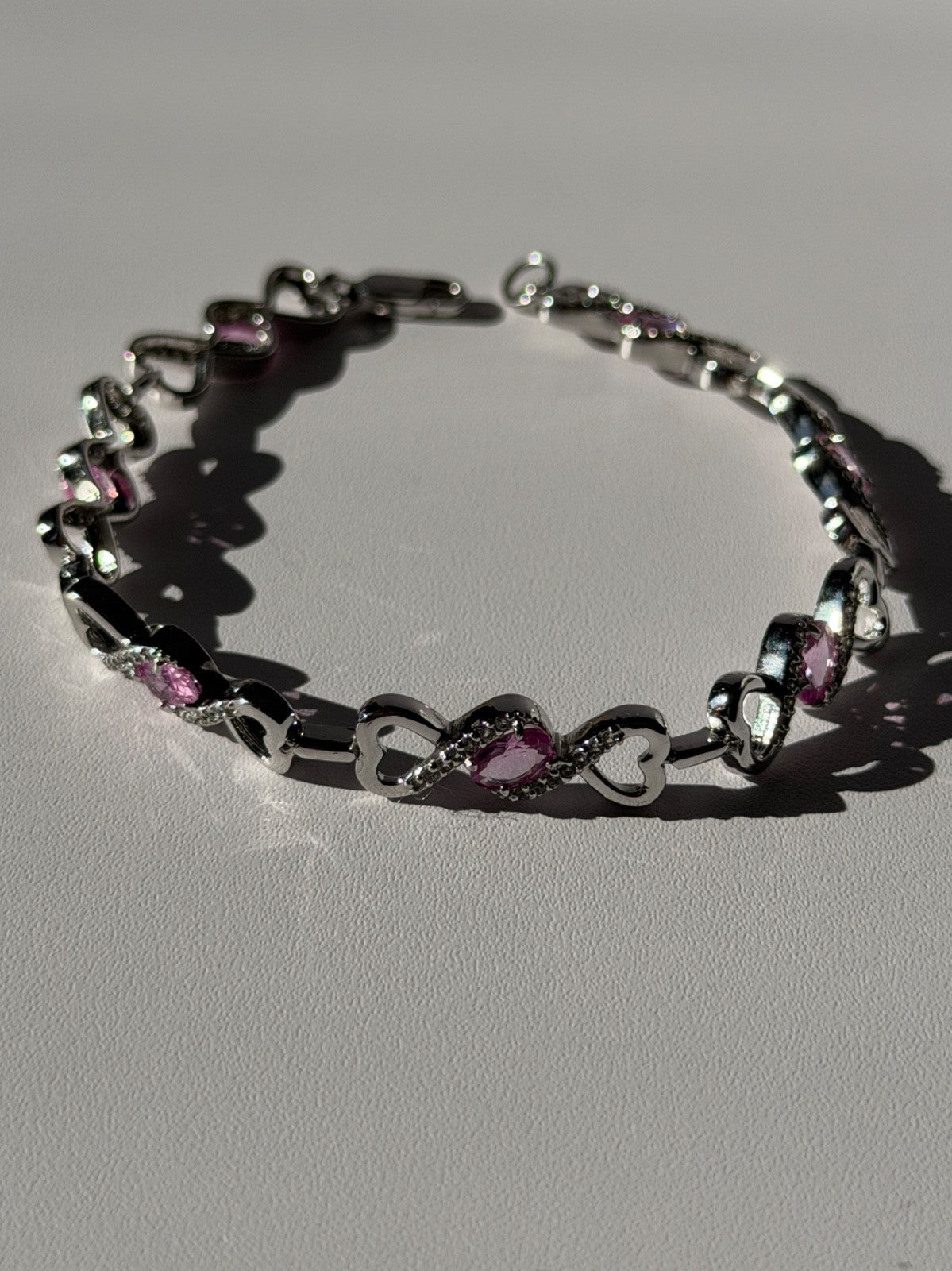 925 Sterling Silver Pink & White Spinel Heart Bracelet