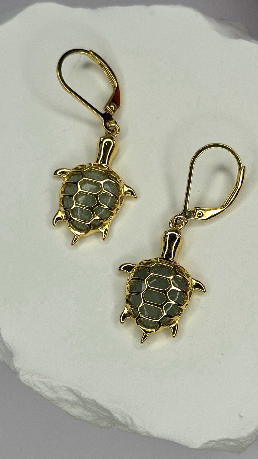 925 Sterling Silver Gold Plated Dynasty Jade Turtle Lever back Earrings
