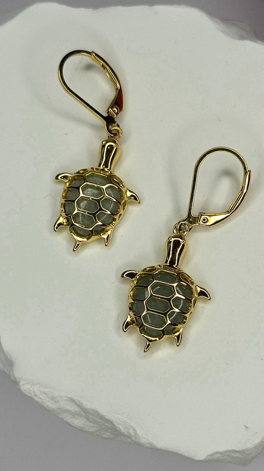 925 Sterling Silver Gold Plated Dynasty Jade Turtle Lever back Earrings
