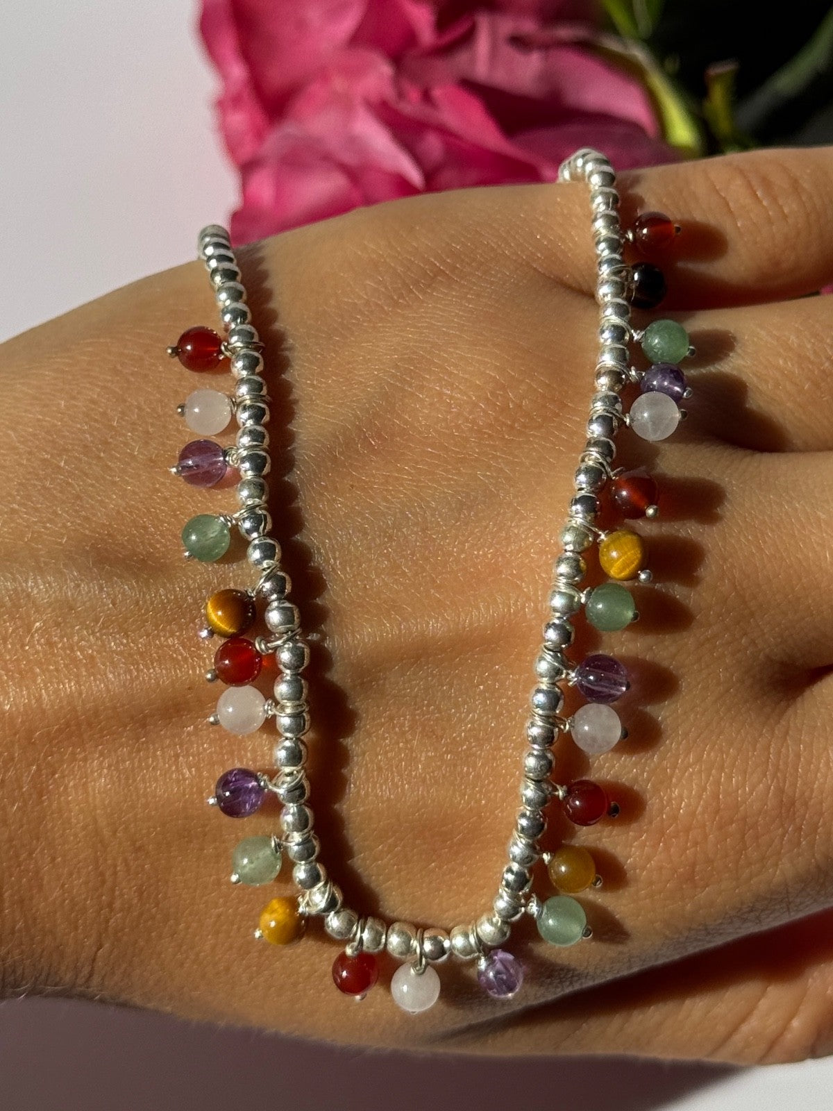 925 Sterling Silver Multi Color Agate Necklace Length 15/18 Inch