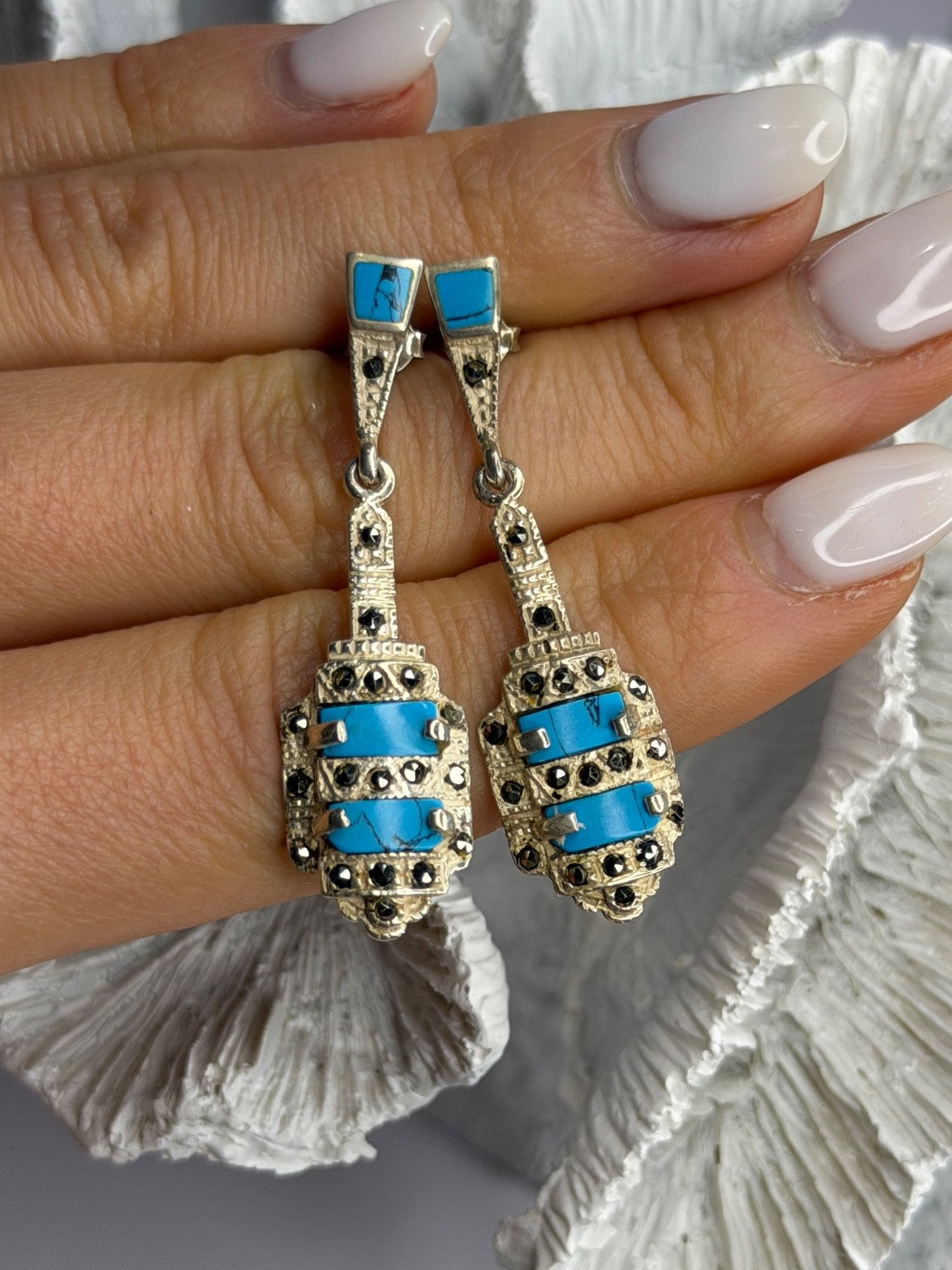 Vintage 925 Sterling Silver Turquoise & Marcasite Earrings