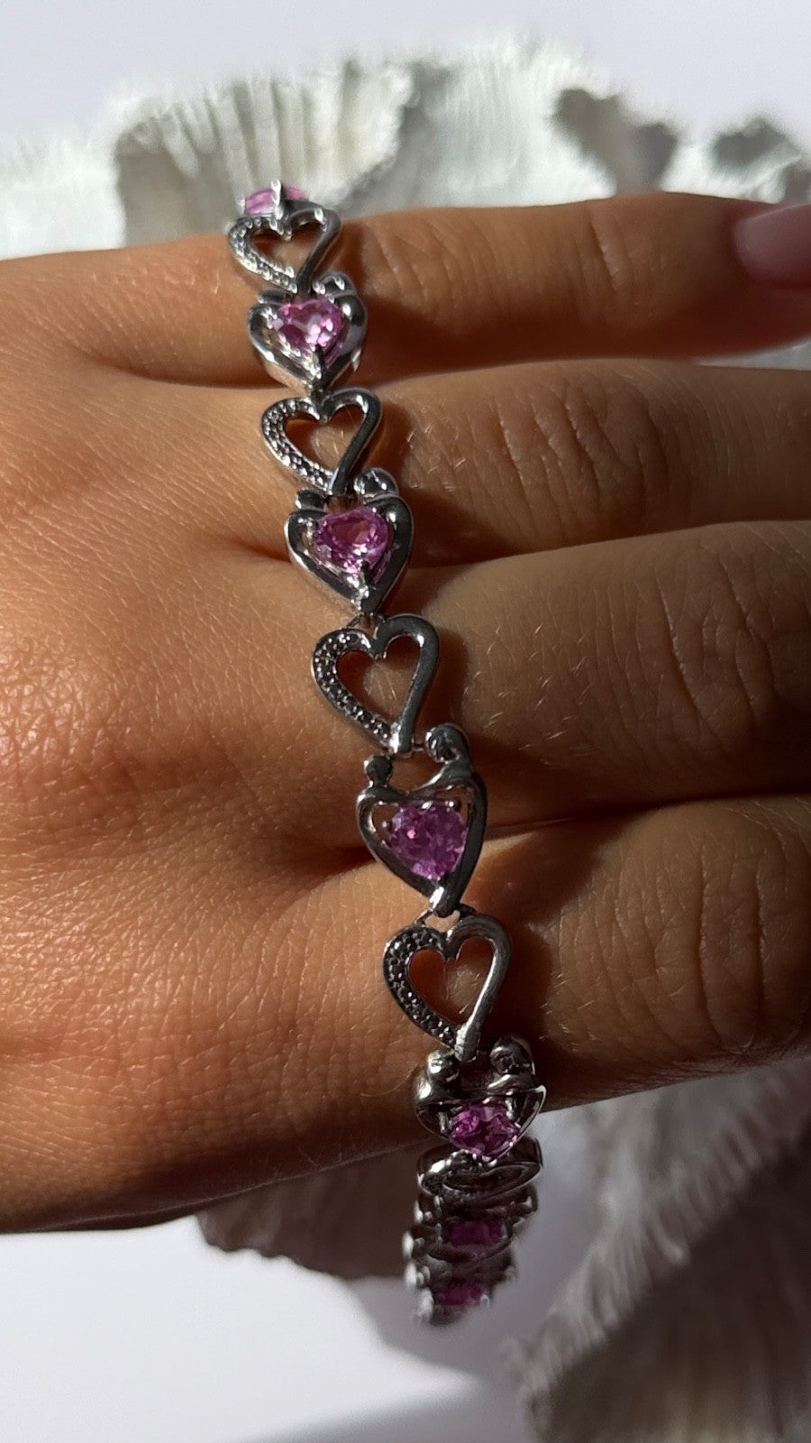 925 Sterling Silver Pink Sapphire Heart Bracelet Length 7.5