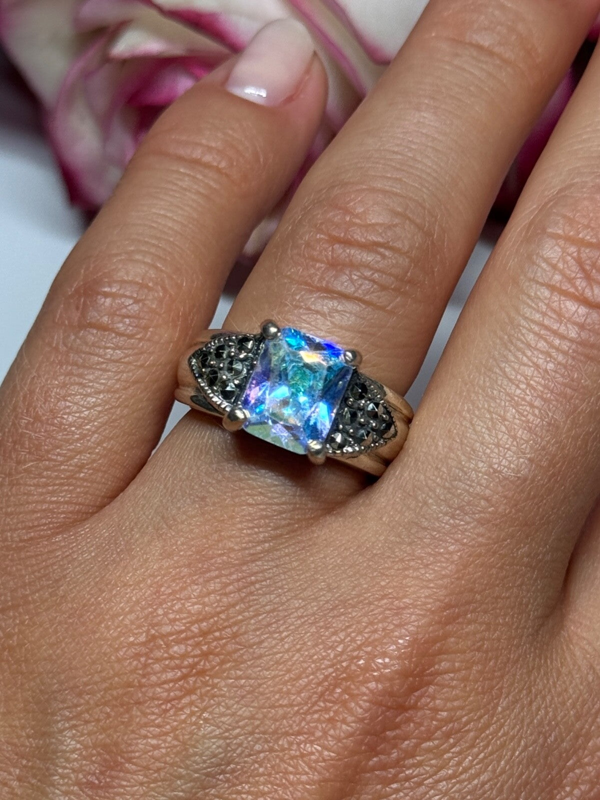 925 Sterling Silver CZ & Marcasite Ring Size 6