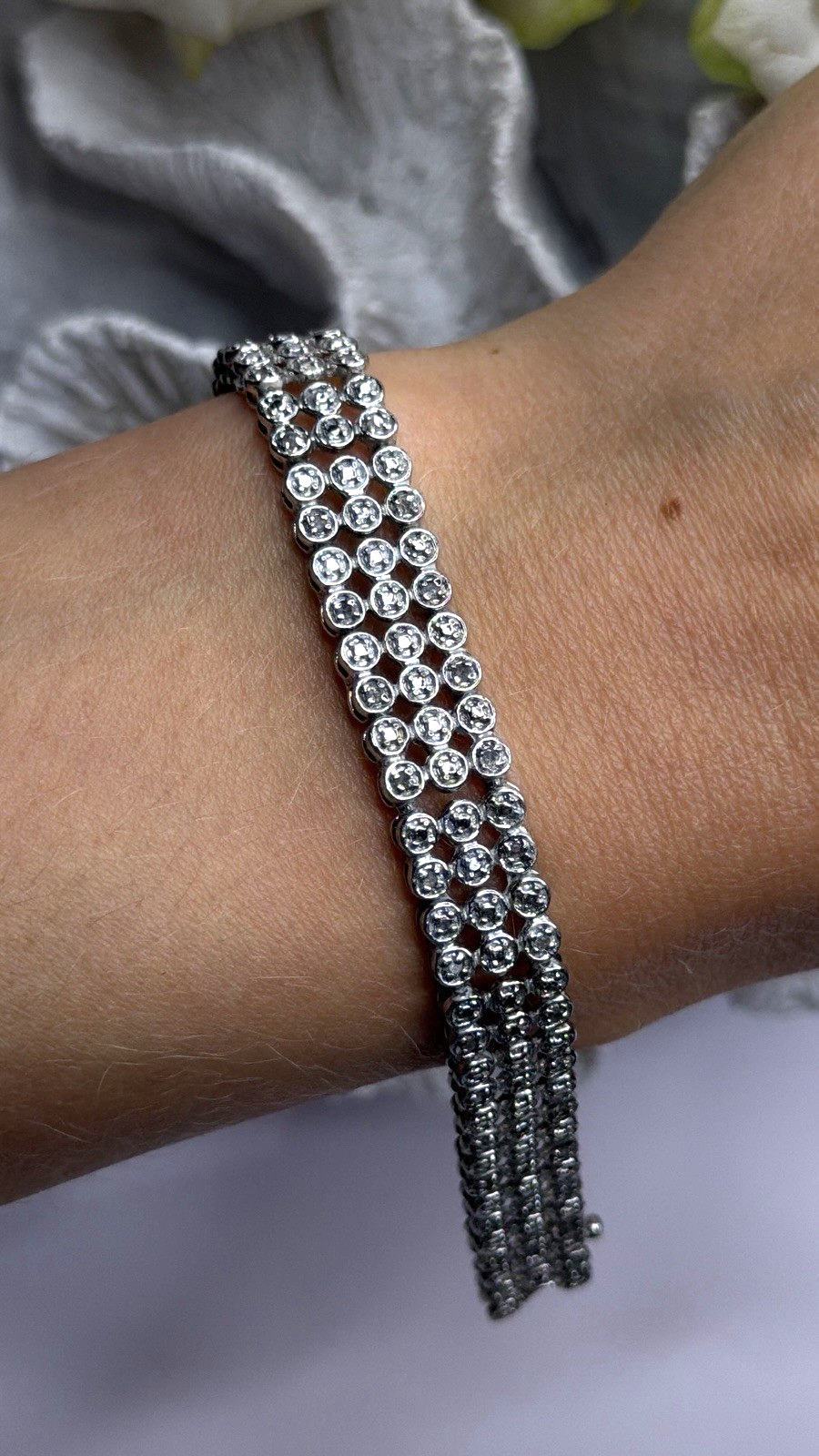 Elegant Multi Row 925 Sterling Silver Tennis Clear White Topaz Stones Bracelet 7