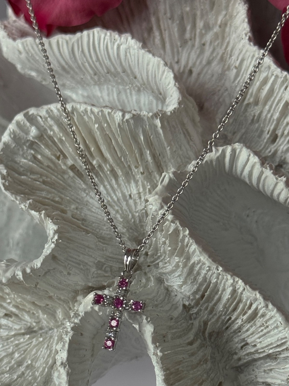 14K White Gold Cross/18K White Gold Chain Pink Sapphire & Diamond Cross Necklace