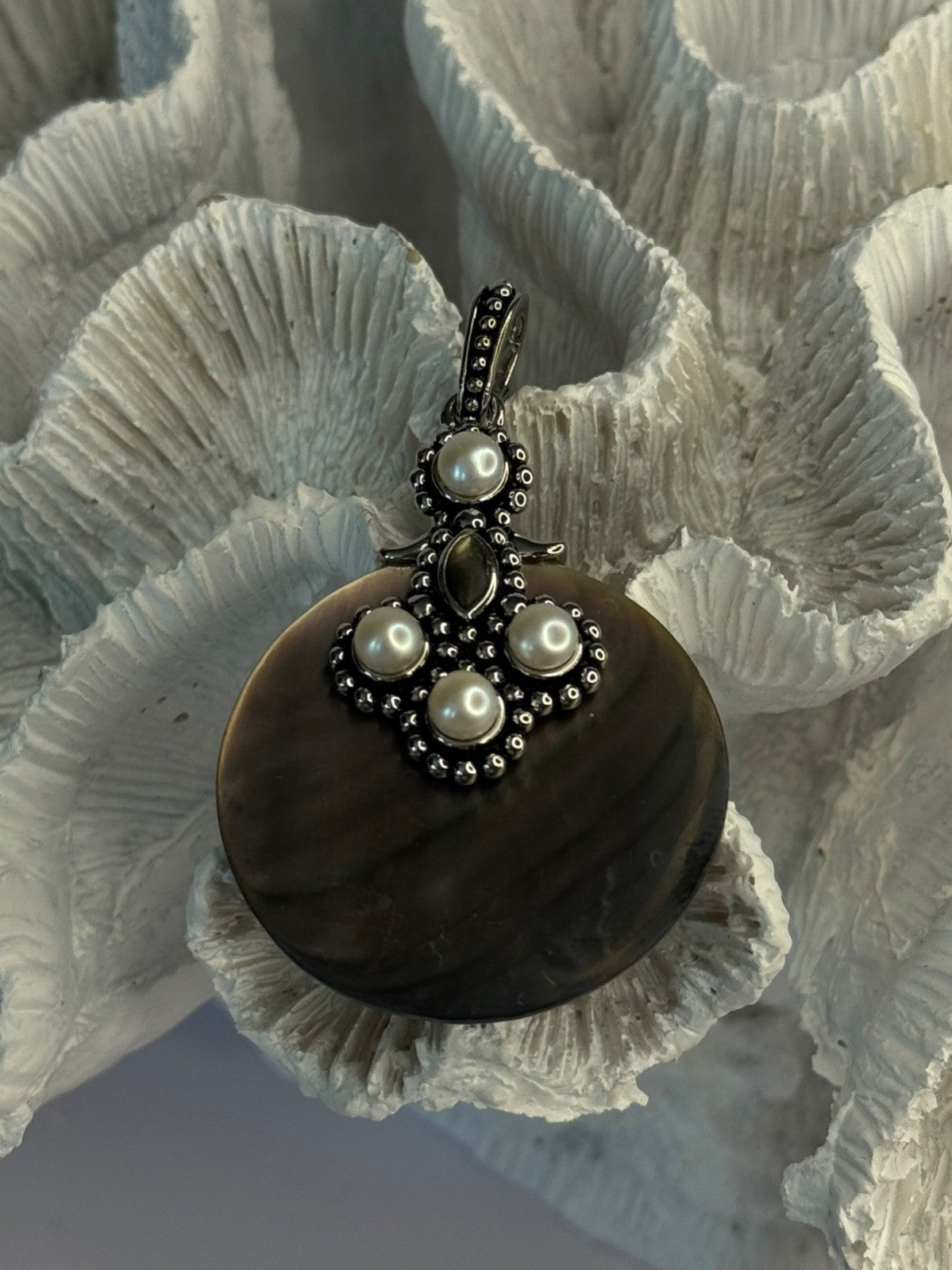 925 Sterling Silver Abalone & Pearl Pendant Length 2.30 Inch