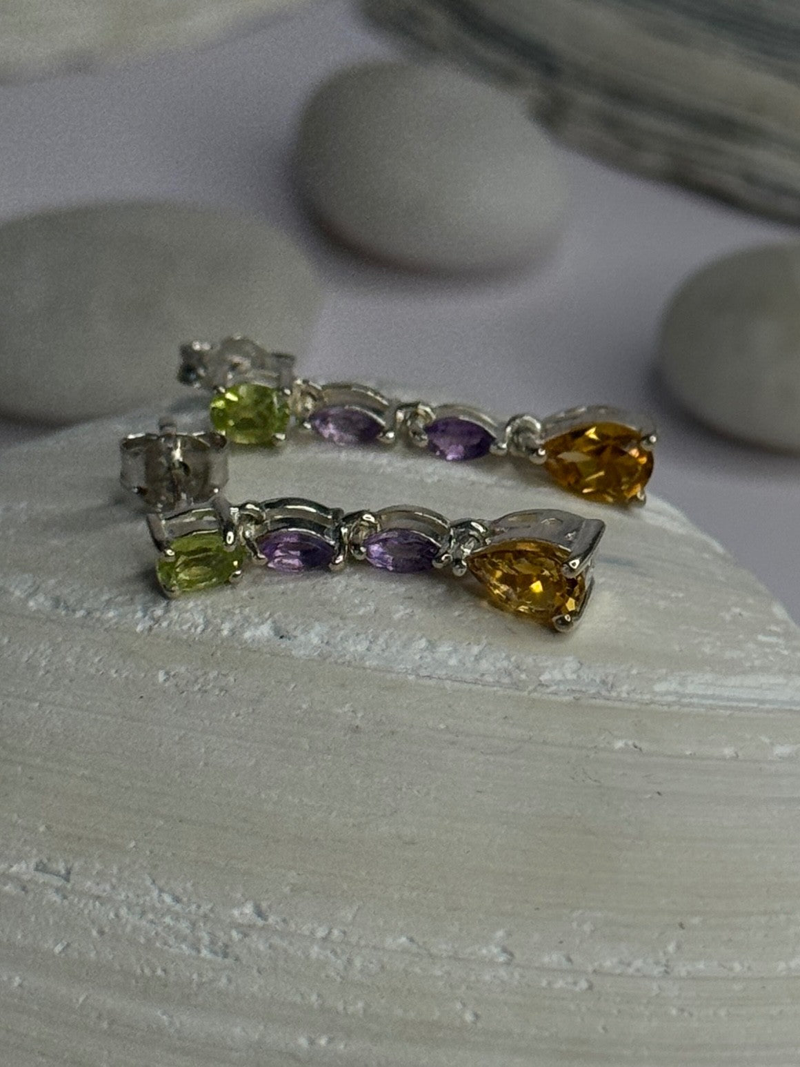 925 Sterling Silver Peridot & Amethyst & Citrine Earrings Length 0.90 Inch