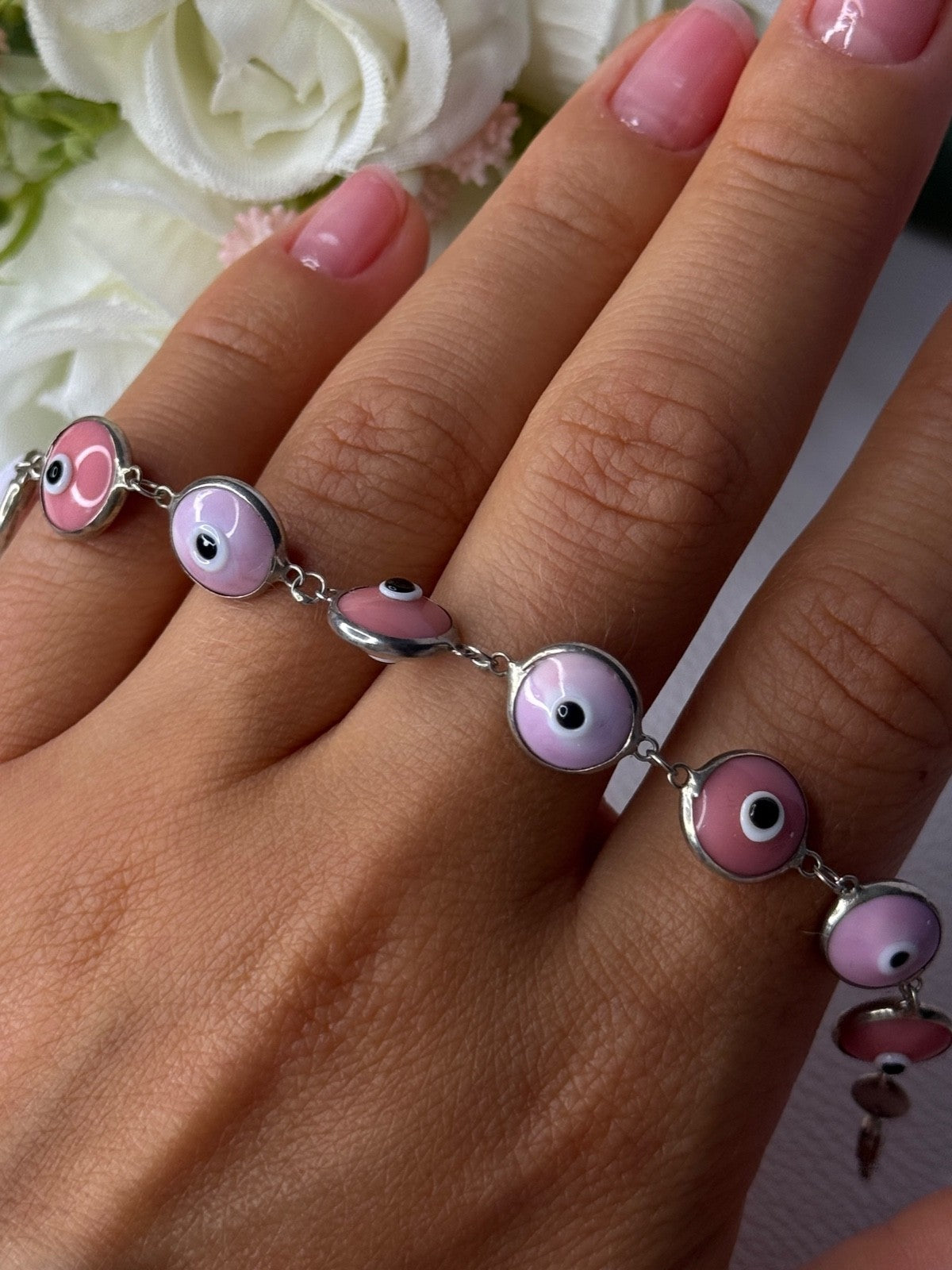 Ati 925 Sterling Silver Pink Evil Eye Bracelet Length 7 Inch
