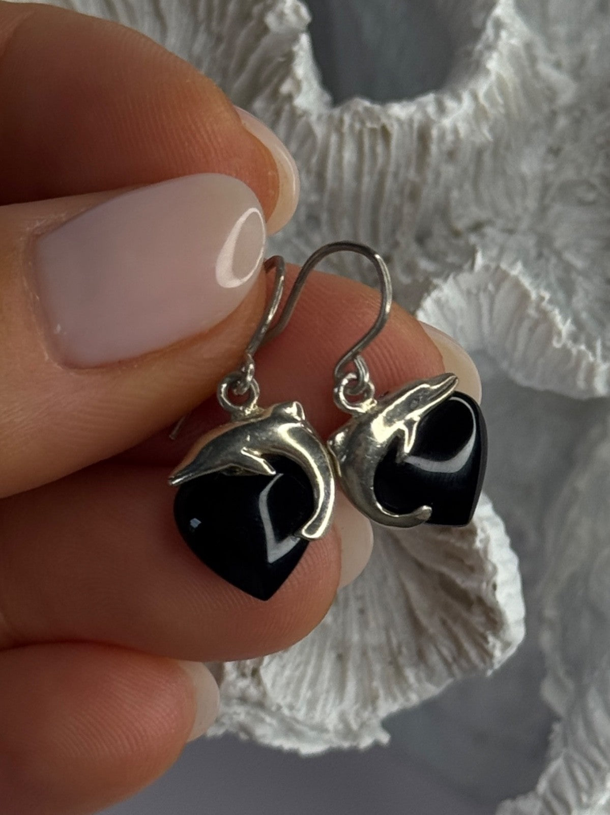 925 Sterling Silver Onyx Heart Dolphin Earrings Length 0.90 Inch
