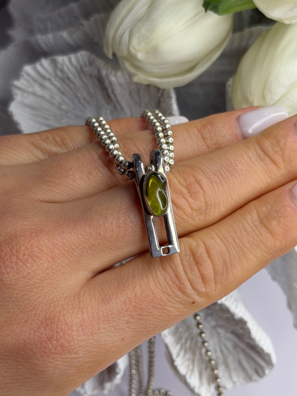 Arrack Lilly 925 Sterling Silver Peridot 2 Chain Necklace