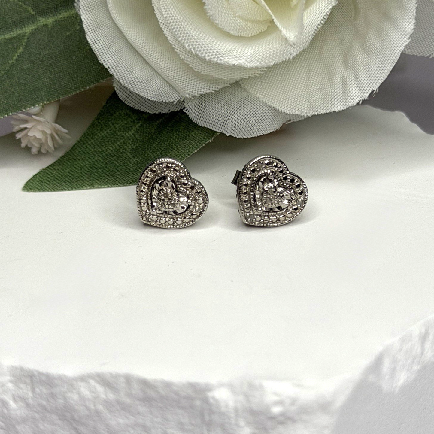 925 Sterling Silver Tiny Diamonds Heart Stud Earrings