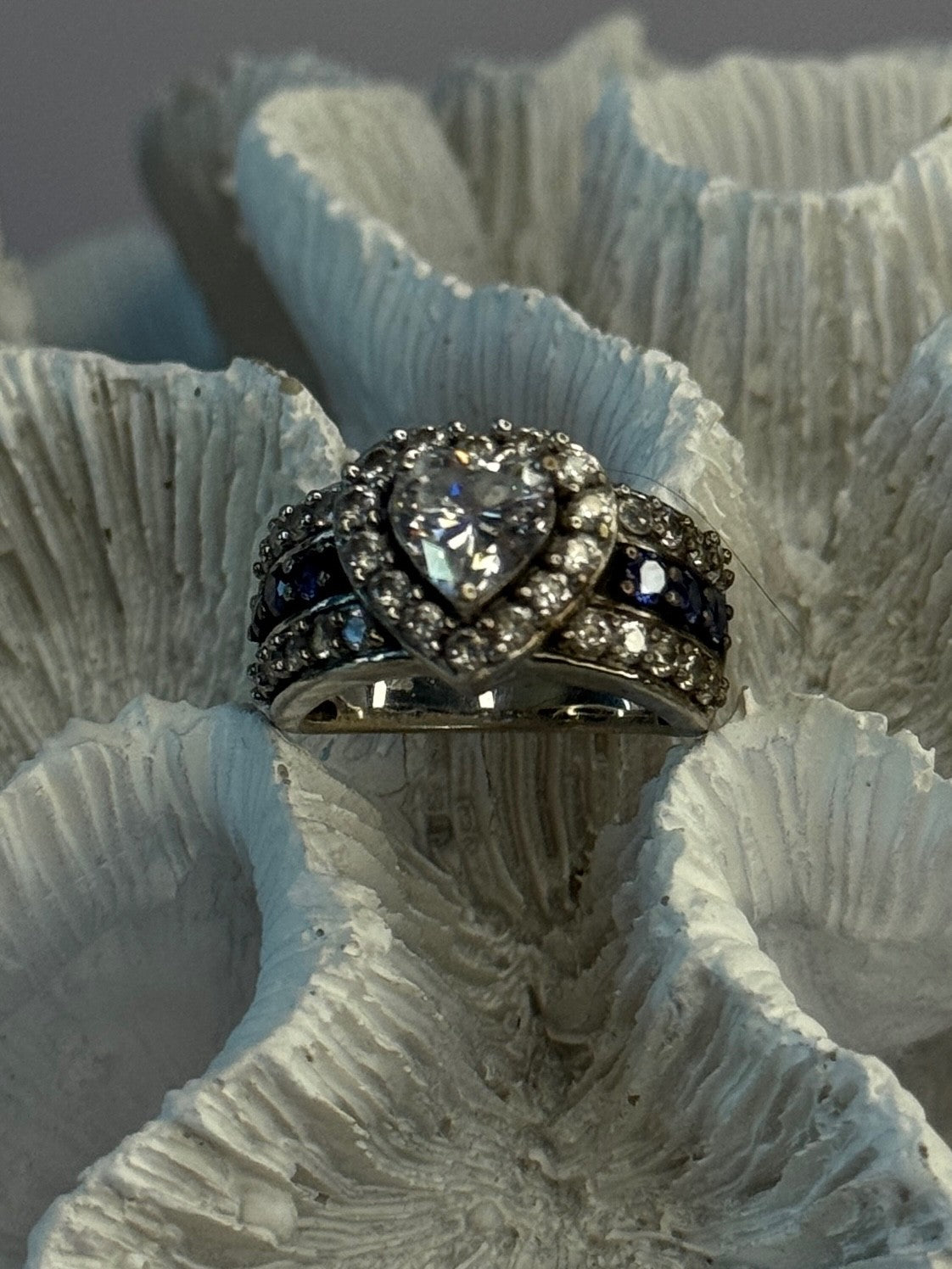 925 Sterling Silver Beryl & Sapphire Heart Ring Size 6