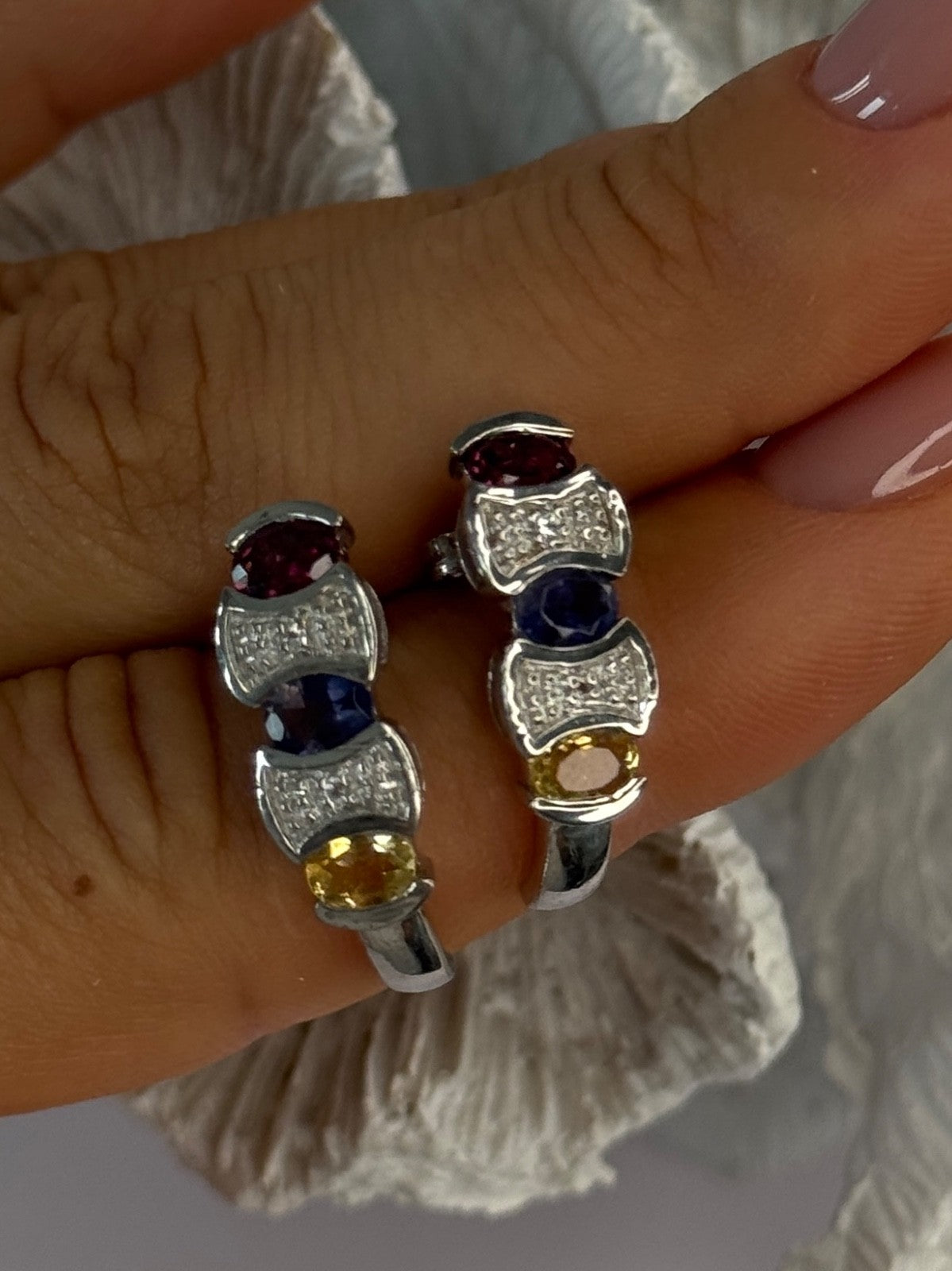 925 Sterling Silver Ruby Tanzanite Citrine Diamond Earrings Length 0.90 Inch