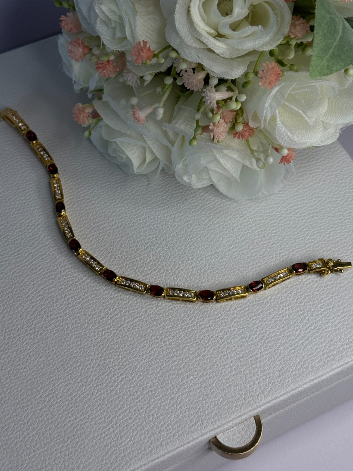 925 Sterling Silver Gold Plated Jjt Garnet & CZ Bracelet Length 7.5
