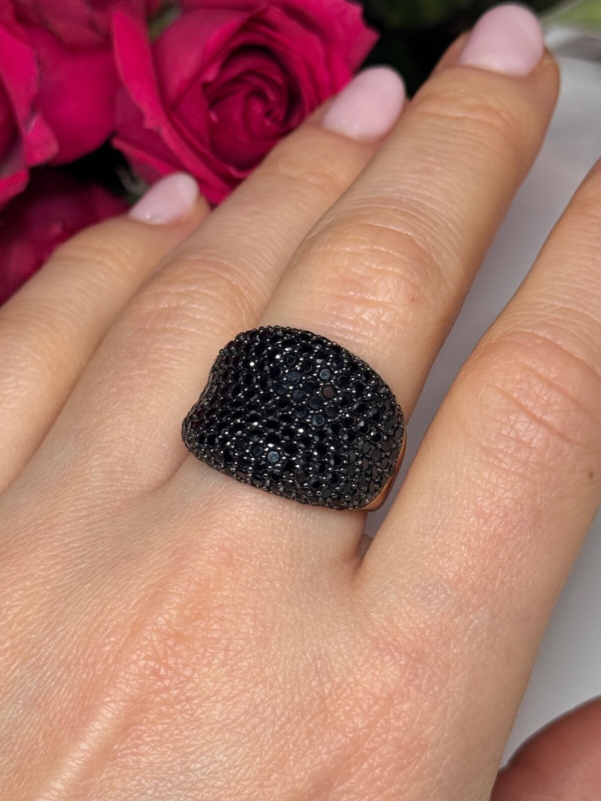 925 Sterling Silver Gold Plated Black Spinel Ring Size 8.5
