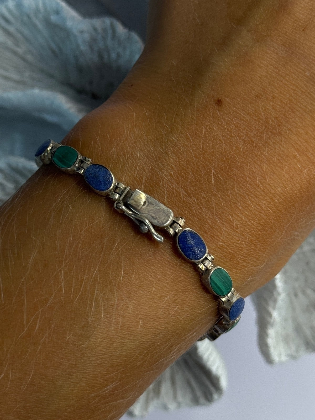 925 Sterling Silver Malachite & Sodalite Bracelet Length 7