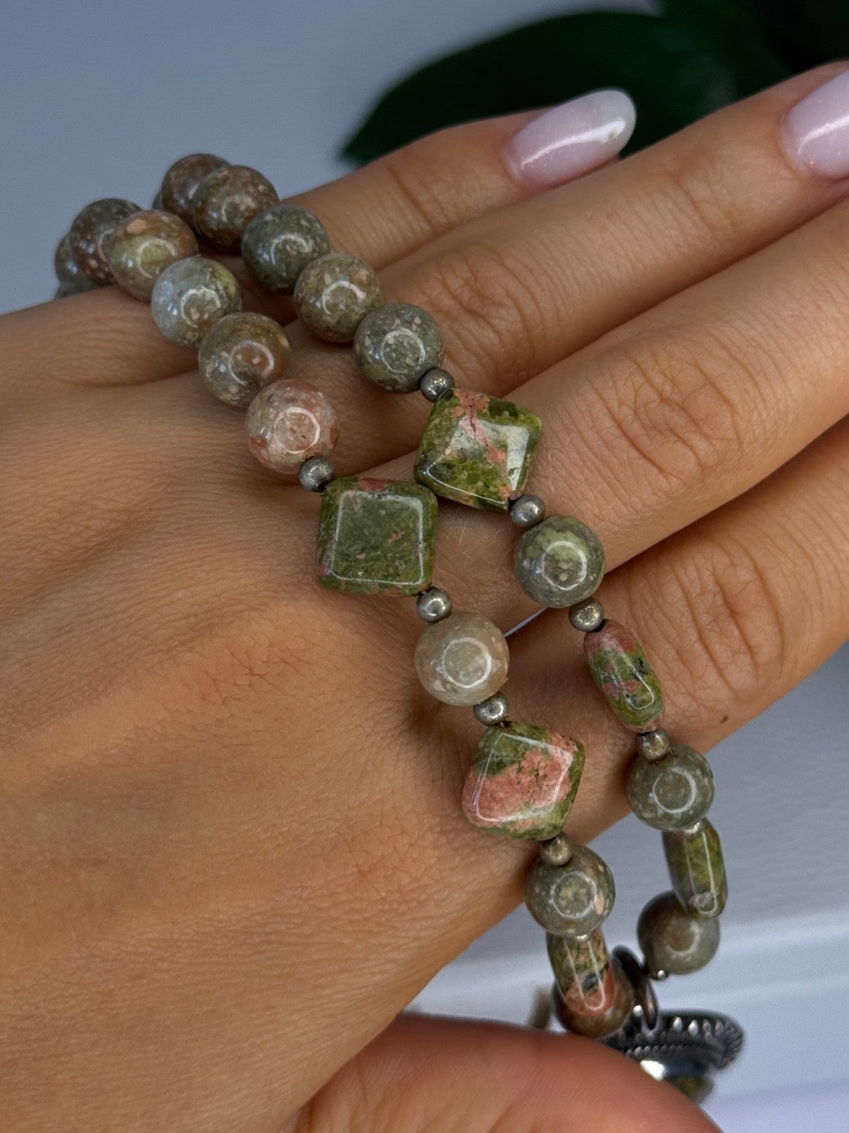 Vintage 925 Sterling Silver Unakite Necklace Length 17 Inch