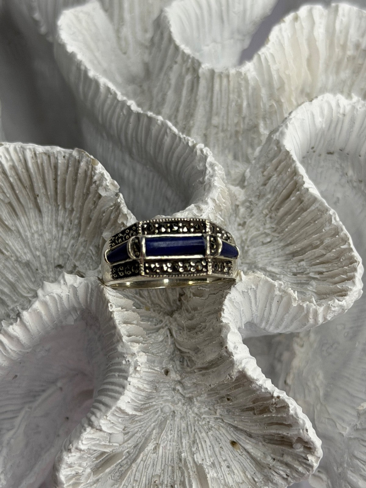 925 Sterling Silver Sodalite & Marcasite Ring Size 9