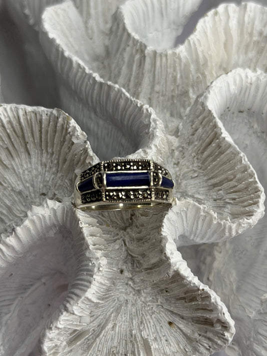 925 Sterling Silver Sodalite & Marcasite Ring Size 9