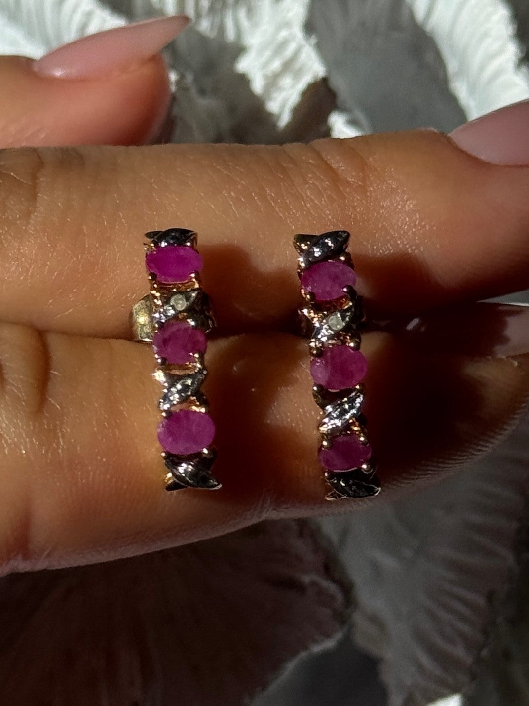 925 Sterling Silver Gold Plated Ruby & Diamond Earrings Length 0.77 Inch
