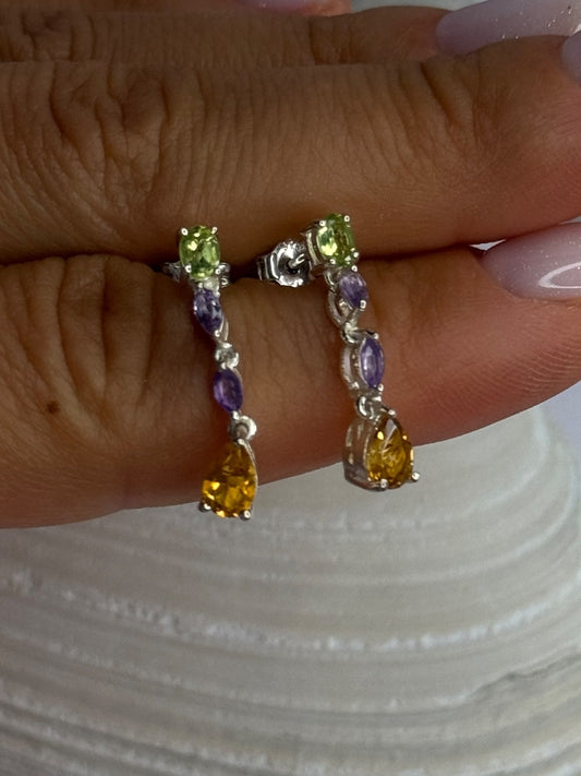 925 Sterling Silver Peridot & Amethyst & Citrine Earrings Length 0.90 Inch