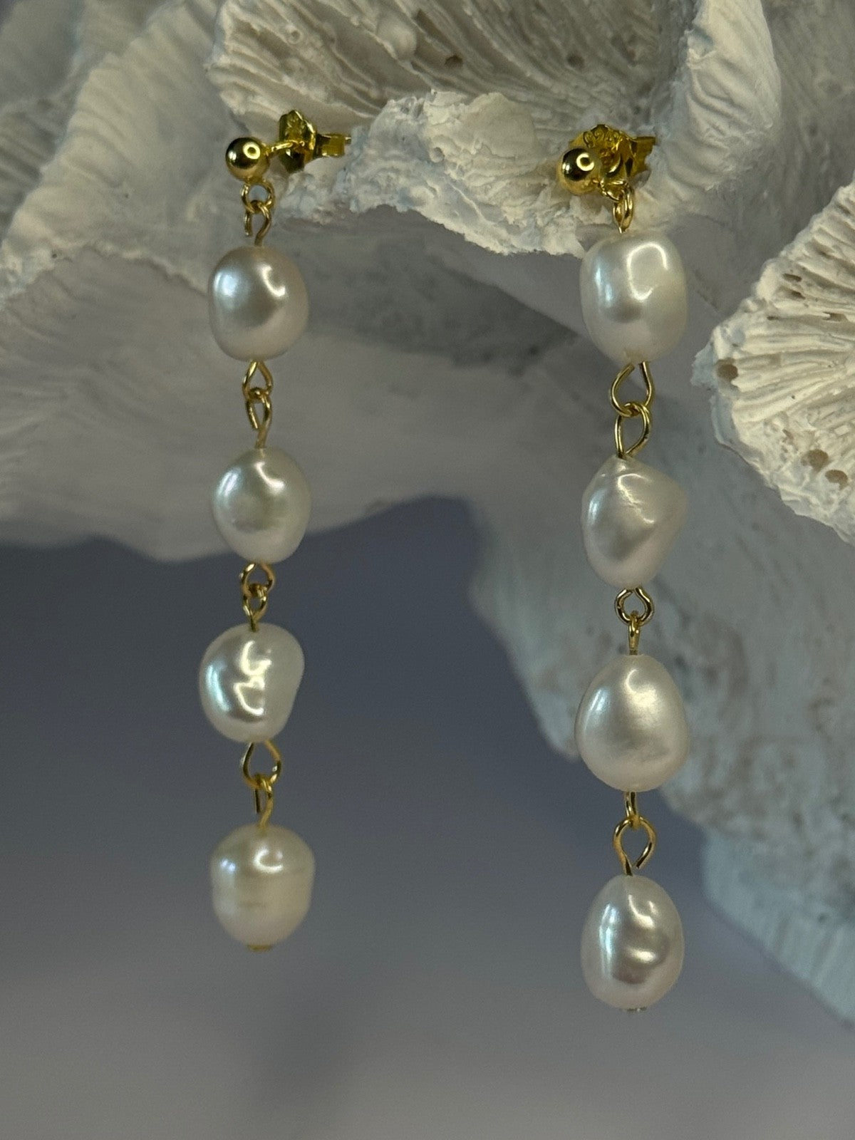 925 Sterling Silver Gold Plated Pearl Earrings Length 2.30 Inch