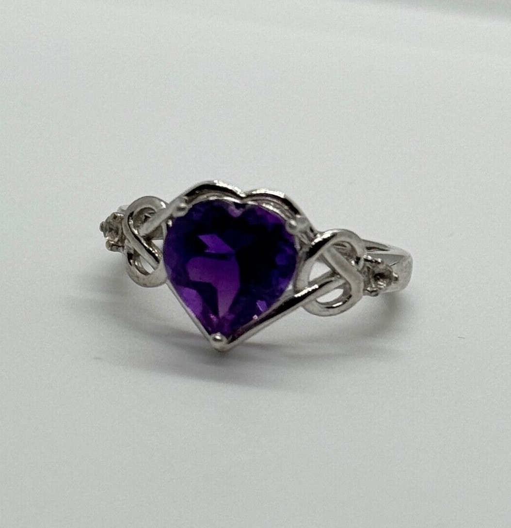 925 Sterling Silver Amethyst & Goshenite Heart Ring Size 6