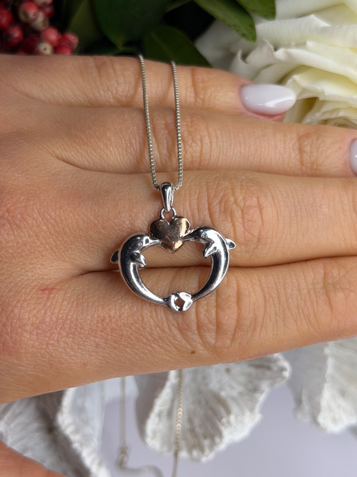 925 Sterling Silver Gold Plated Heart & Dolphins Necklace Length 18 in