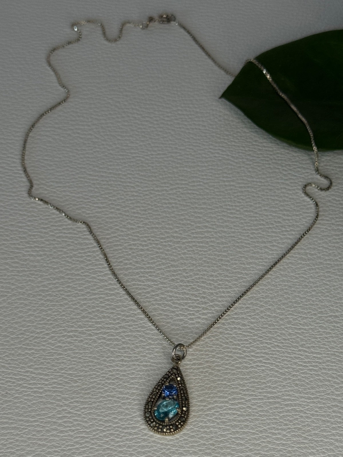 925 Sterling Silver Topaz, Sapphire & Marcasite Necklace Length 15.5 Inch