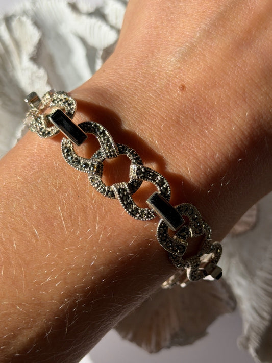 Vintage 925 Sterling Silver Onyx & Marcasite Bracelet