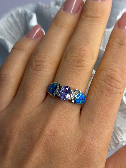 AK 925 Sterling Silver Amethyst & Opal & Beryl Ring Size 8