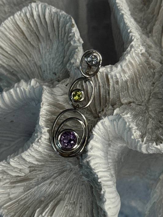 925 Sterling Silver Amethyst & Peridot & Topaz Pendant Length 1.30 Inch