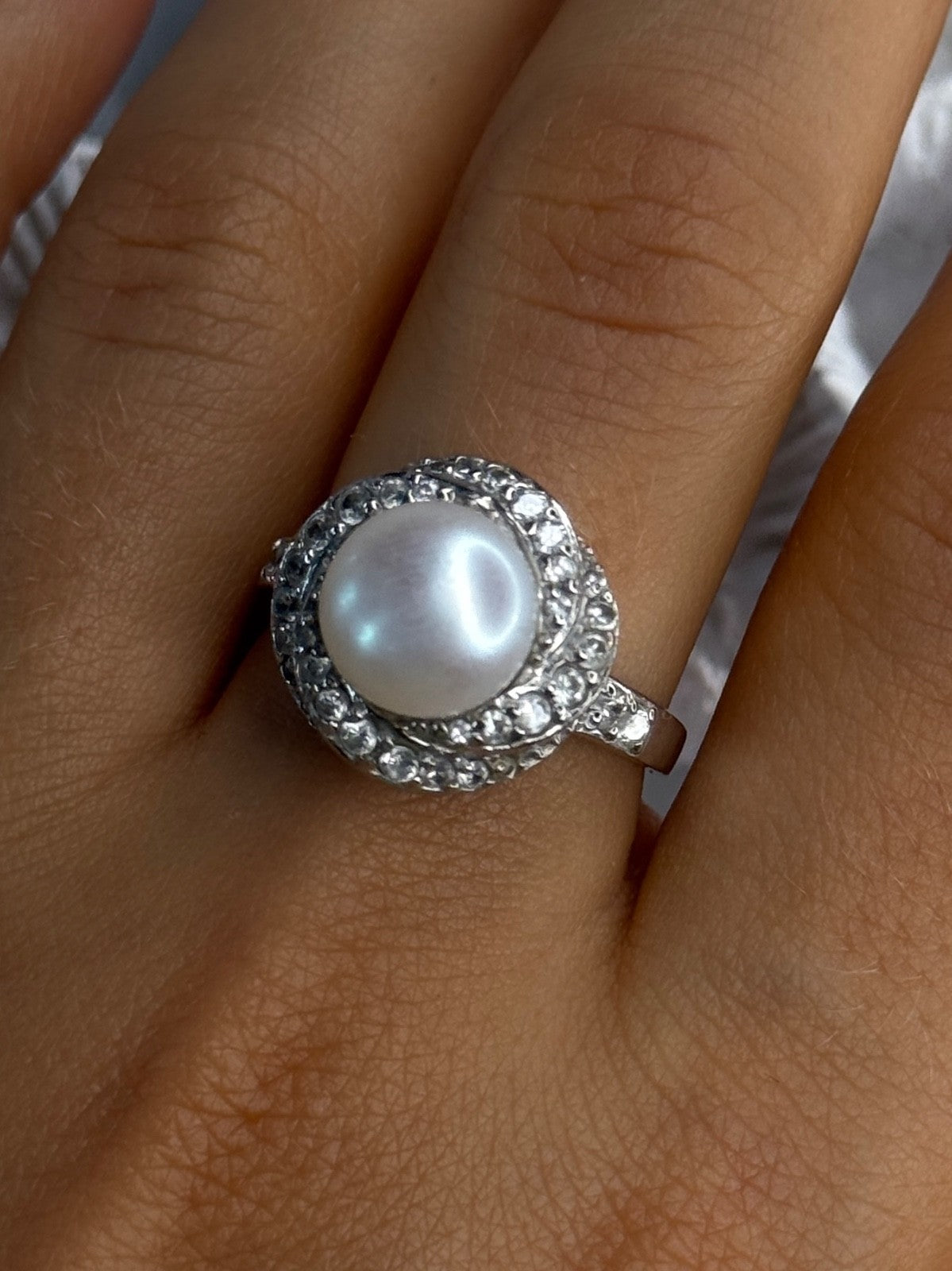 925 Sterling Silver Pearl & Beryl Ring Size 9