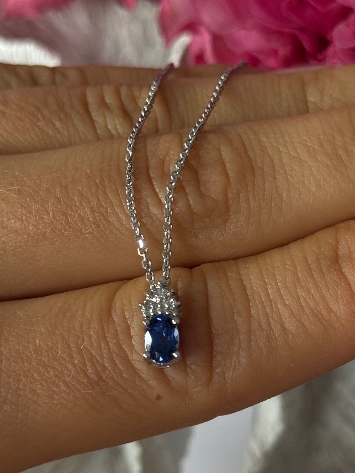 14K White Gold Chain & 10K White Gold Pendant Sapphire & Diamond