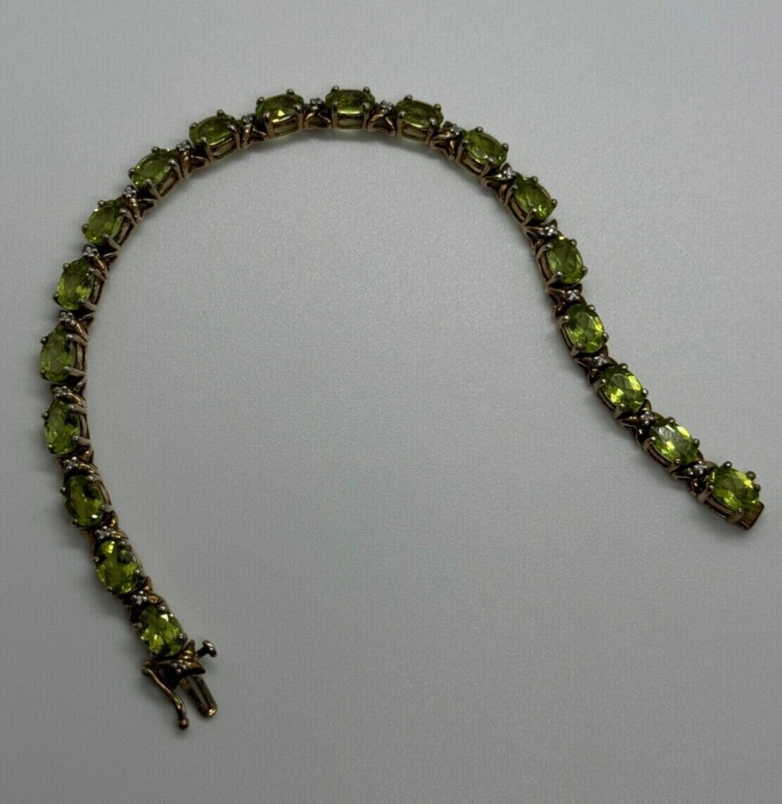 925 Sterling Silver Gold Plated Peridot & Diamonds Bracelet 7.5 in